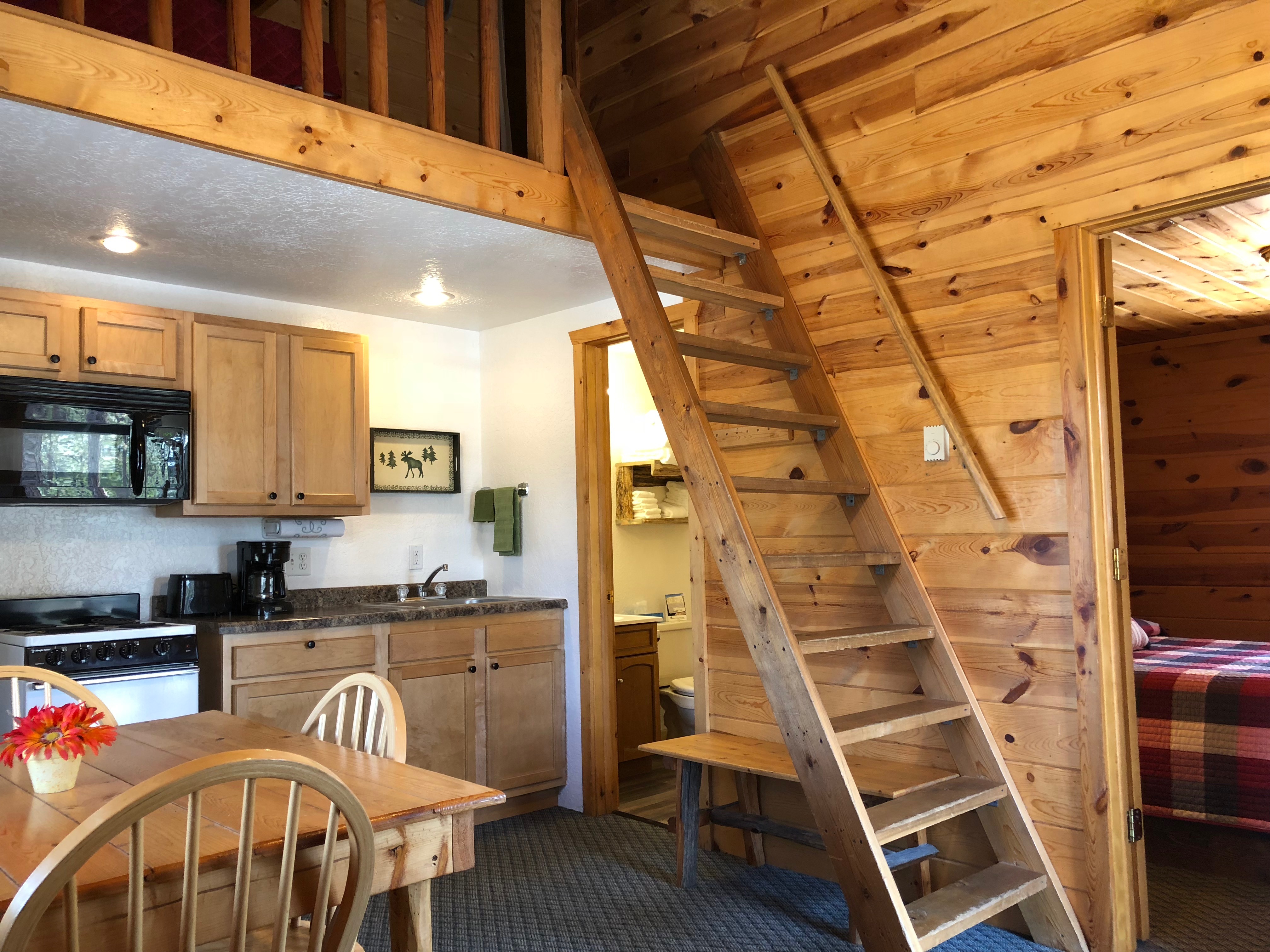 stairs bathroom and kitchen of lodge