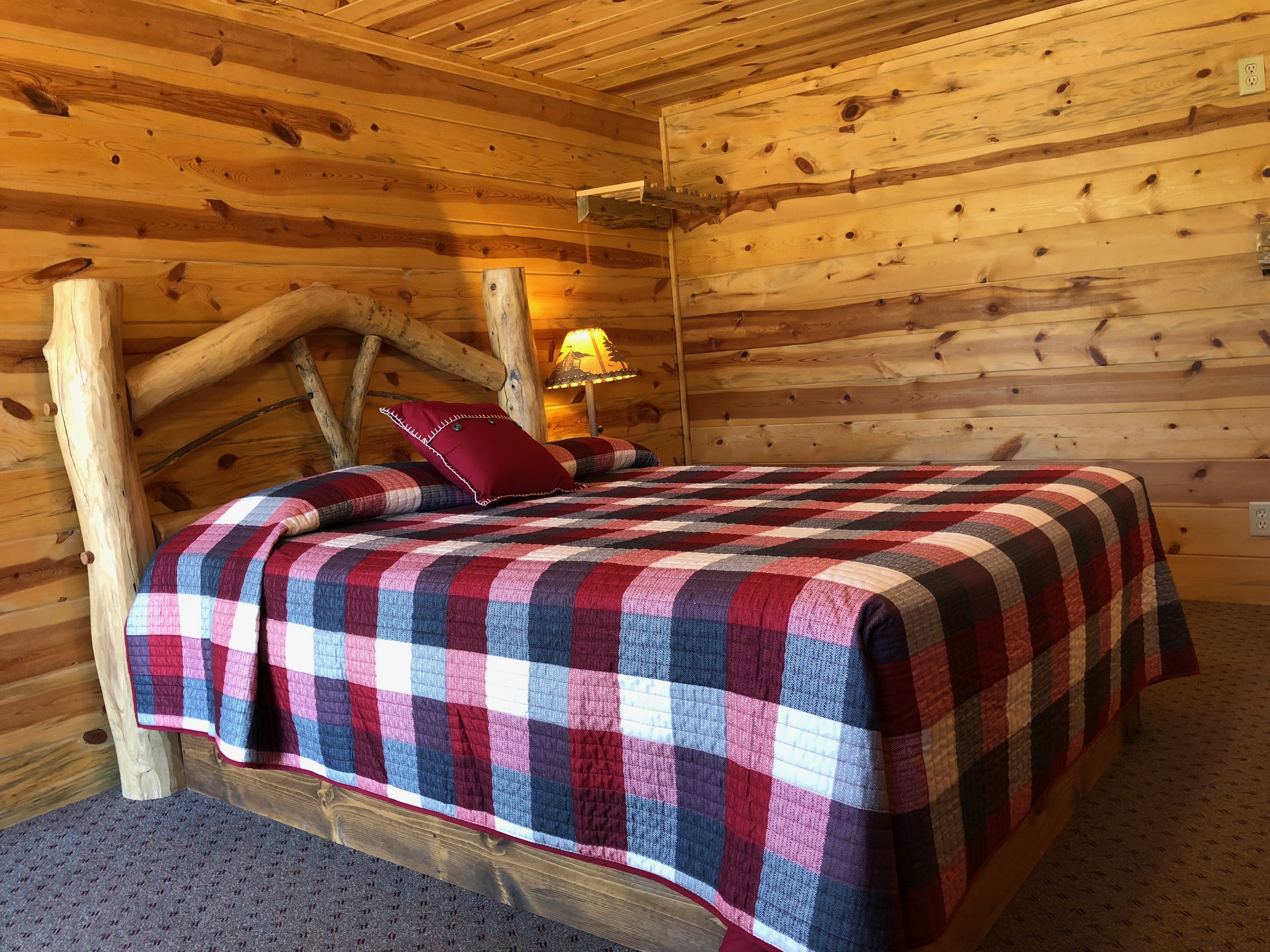bed with red, white and blue checkered blanket